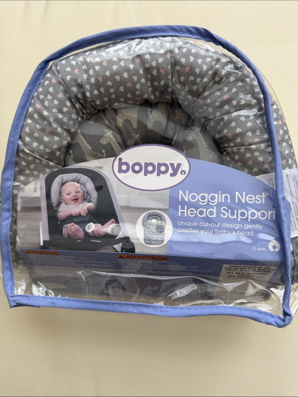 Boppy Gray Head Support with Pink and White Heart Print